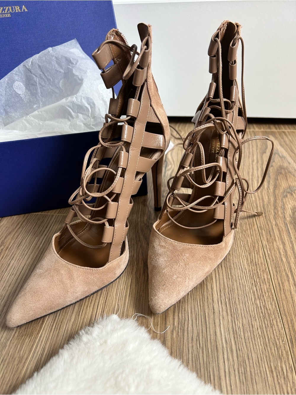 Aquazzura Amazon Beige leather and suede lace up pumps size 37